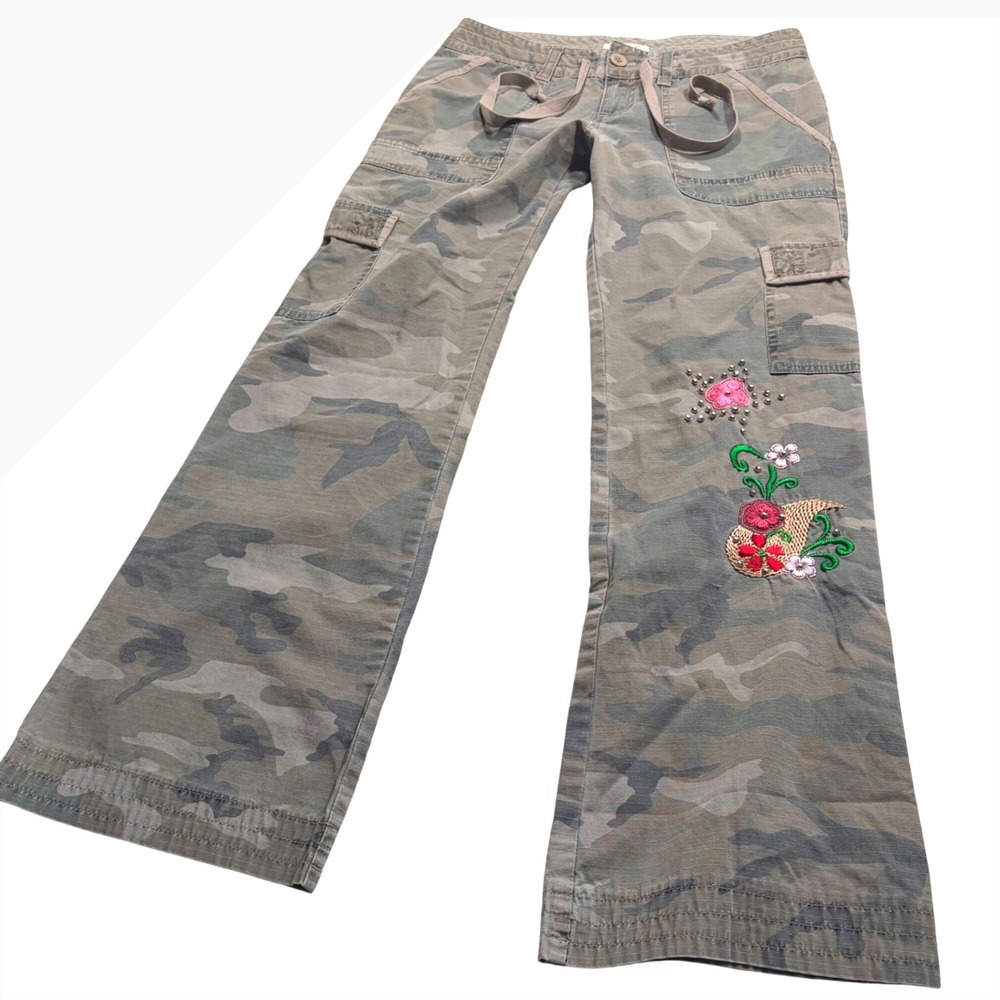 Y2K Low Rise Flare Grunge Camo Cargo Pants Embroidered Studded Wide Leg Gree